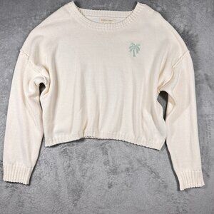 Ivory Knit Pullover Sweater Women XL Palm Tree Embroidered‎ Cropped Happily Grey